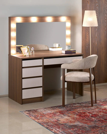 Aurea Makeup Desk 120 valoilla - pähkinä / cashmere - KalusteDuo_Huonekaluliike_Meikkipöytä