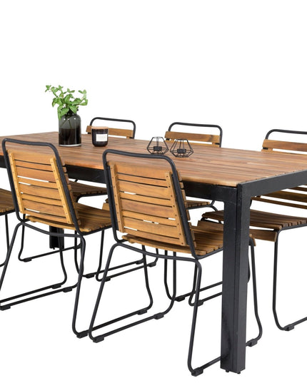 Bois ruokapöytä 200*100cm - mustat jalat / akaasia + 6kpl Bois ruokatuoli - musta al - KalusteDuo_Huonekaluliike_Ruokailuryhmä ulkokäyttöön