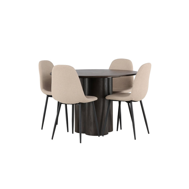 Olivia ruokapöytä 110 cm - mocca / mocca viilu + 4kpl Polar ruokatuoleja - musta / beige bouclé - KalusteDuo_Huonekaluliike_Ruokailuryhmä