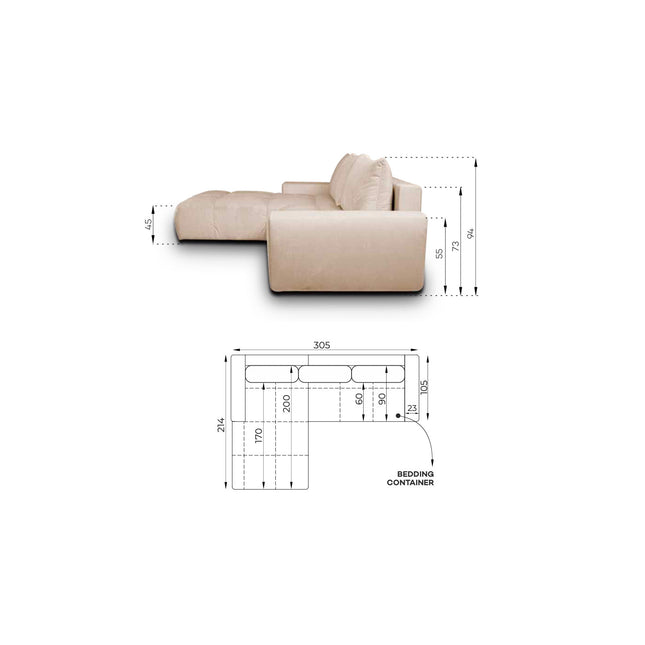 Sleepy‑vuodedivaani 304 cm – vuodesohva säilytystilalla - KalusteDuo_Huonekaluliike_vuodedivaani