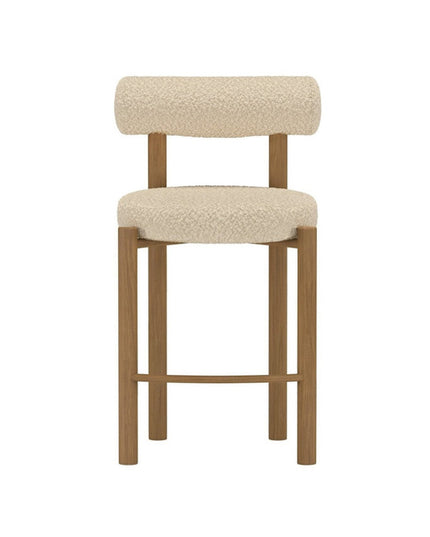 Tillo baarituoli 2 kpl - teräs ja puunvärinen 3D-paperi / valkoinen bouclé - KalusteDuo_Huonekaluliike_Tuoli